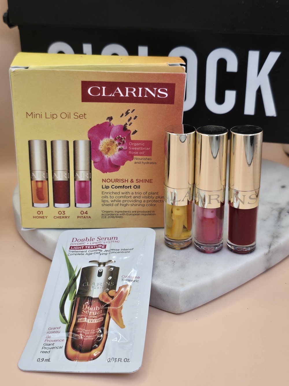 Clarins Mini Lip Oil Trio — Honey Yellow, Cherry Pink & Pitaya Red